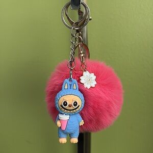 Labubu Blue Keychain Toy & Pink PomPom With Flower Charm-#1